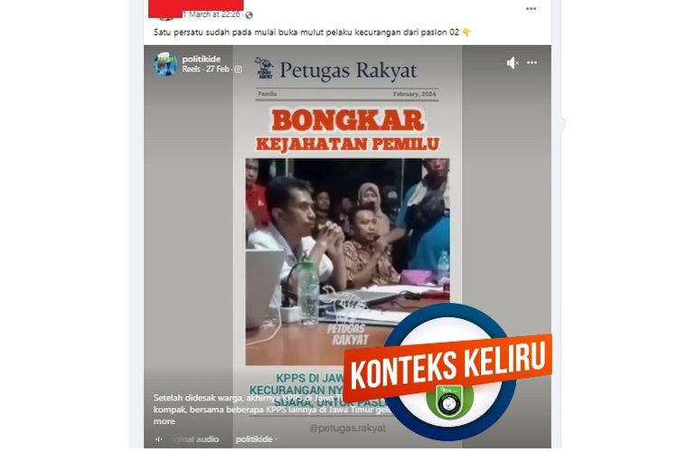 Tangkapan layar Facebook narasi yang menyebut KPPS di Jawa Timur mengaku menggelembungkan suara paslon nomor 2