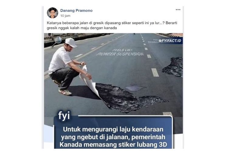 Danang Pramono mengunggah postingan tentang stiker lubang 3D dan dihubungkan dengan keadaan di Gresik.