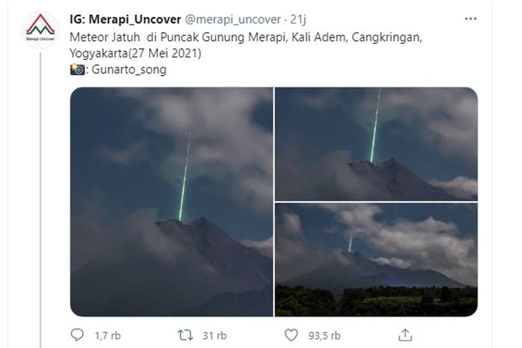 Tangkapan layar Twit soal dugaan meteor jatuh