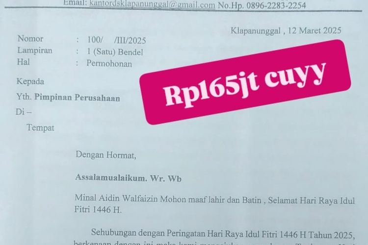 Sebuah foto diduga surat permintaan tunjangan hari raya (THR) kepada perusahaan atau pabrik di Klapanunggal, Kabupaten Bogor, Jawa Barat, viral di media sosial, Sabtu (29/3/2025).