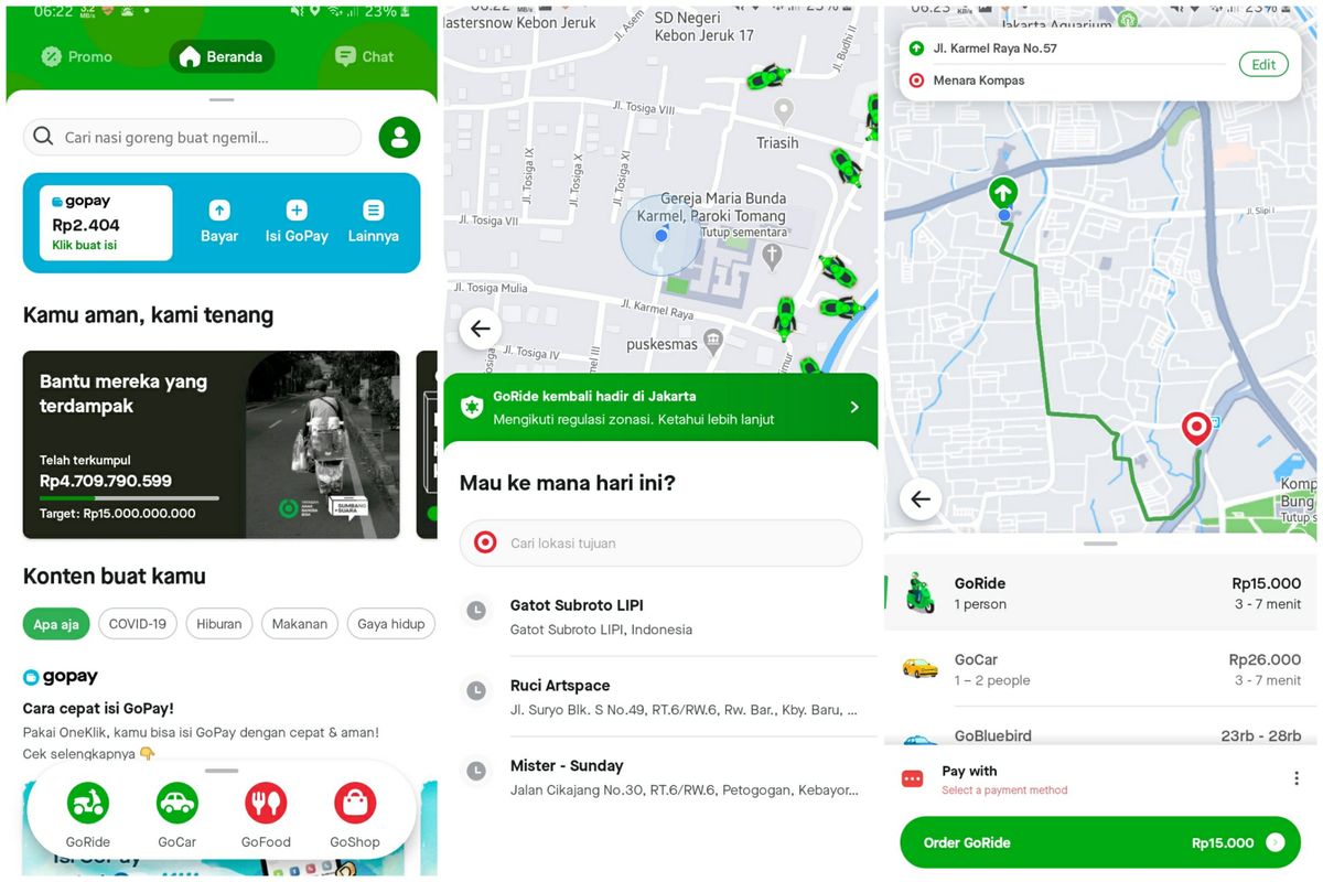 Layanan GoRide sudah muncul di aplikasi Gojek bagi pengguna asal Jakarta, Senin (8/6/2020).