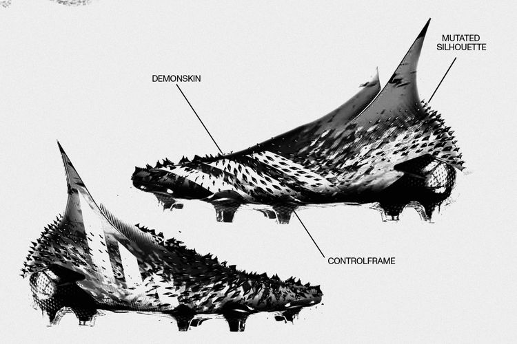 Sketsa adidas Predator Freak dengan spikes DEMONSKIN di sekujur tubuh sepatu.