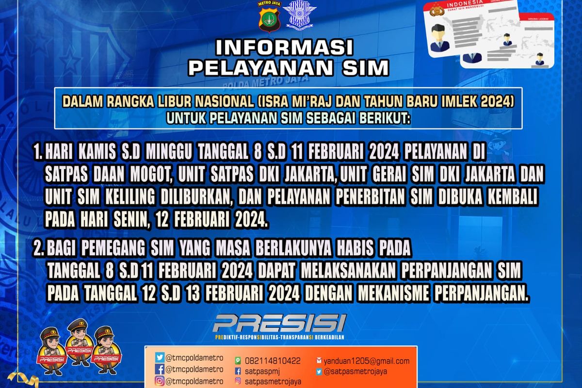 Layanan SIM di Jakarta Tutup Saat Isra Miraj dan Imlek 2024
