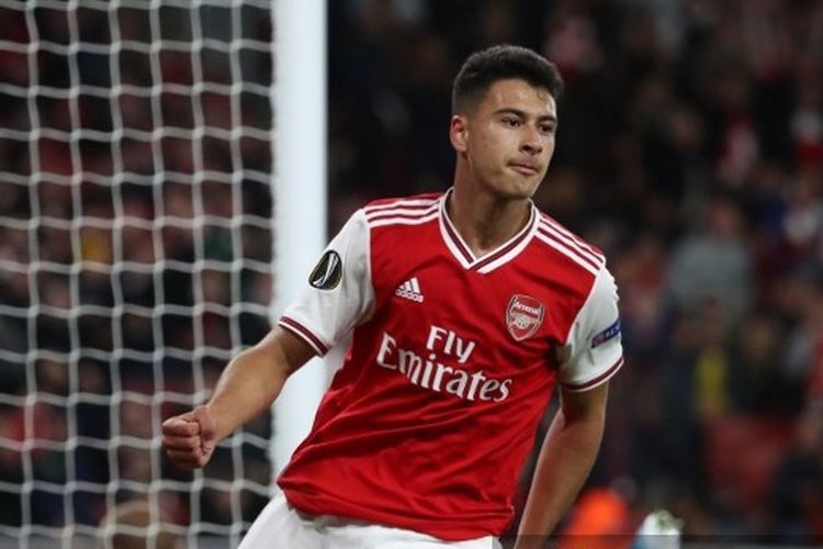 Wonderkid Arsenal asal Brasil, Gabriel Martinelli merayakan golnya ke gawang Standard Liege dalam Liga Europa pada Jumat (4/10/2019) dini hari WIB.