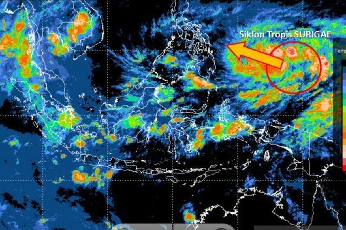 Ilustrasi Siklon Tropis Surigae yang terbentuk di sekitar Pasifik Barat sebelah utara Papua, Rabu (14/4/2021). 