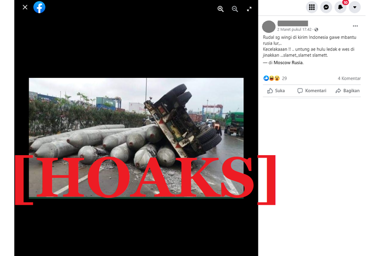 Tangkapan layar unggahan hoaks di sebuah akun Facebook, tentang foto truk terguling yang diklaim mengangkut rudal dari Indonesia untuk Rusia.