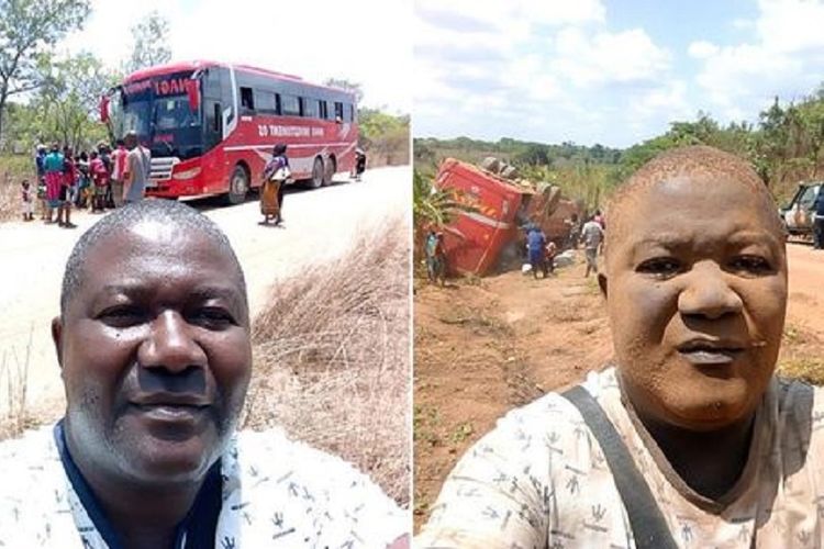 Foto memperlihatkan seorang penumpang selfie sebelum dan sesudah bus yang ditumpanginya mengalami kecelakaan.