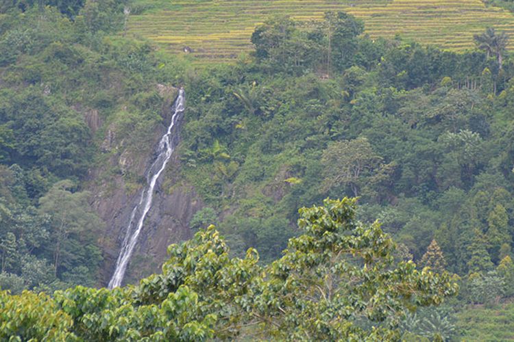 Keunikan Air Terjun Sunsa Murung, Desa Golo Pua, Kecamatan Kuwus, Kabupaten Manggarai Barat, Flores, NTT dipotret dari Kampung Tado, Kecamatan Kuwus Barat, Minggu (12/4/2019). 