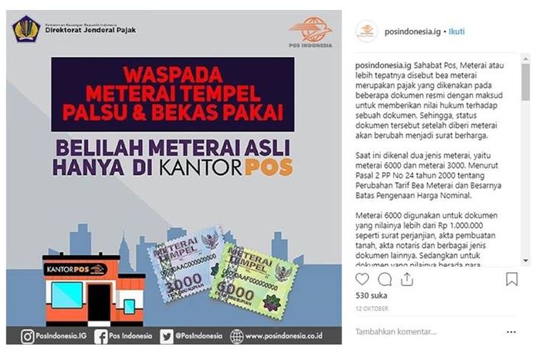 PT Pos Indonesia (Persero) berikan imbauan kepada masyarakat untuk hati-hati terhadap beredarnya meterai tempel palsu dan meterai tempel bekas pakai.