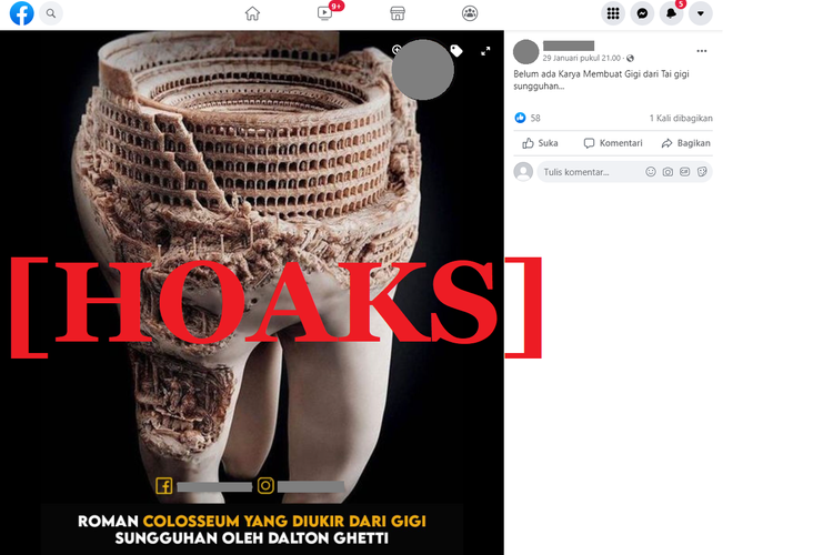 Tangkapan layar unggahan hoaks di sebuah akun Facebook tentang gambar yang diklaim sebagai ukiran replika Colosseum dari gigi asli.