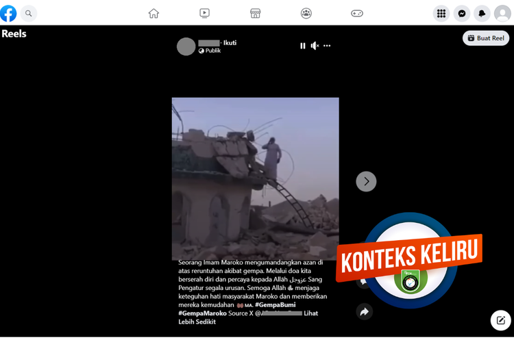 Tangkapan layar konten dengan konteks keliru di sebuah akun Facebook, Senin (11/9/2023), soal video pria melantunkan azan di atas reruntuhan gempa di Maroko.