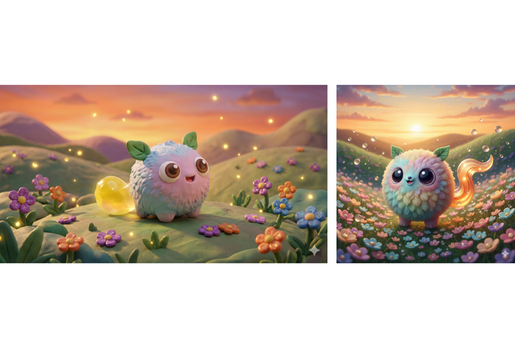 Perbandingan gambar style clay art dari Gemini 3 Pro (kiri) dan Gemini 2.5 (kanan).