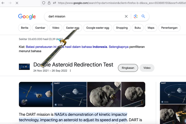 Easter egg Google dengan animasi pesawat ruang angkasa.