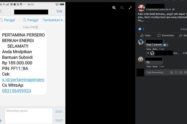 Tangkapan layar hoax SMS bantuan subsidi Pertamina Rp 189 juta