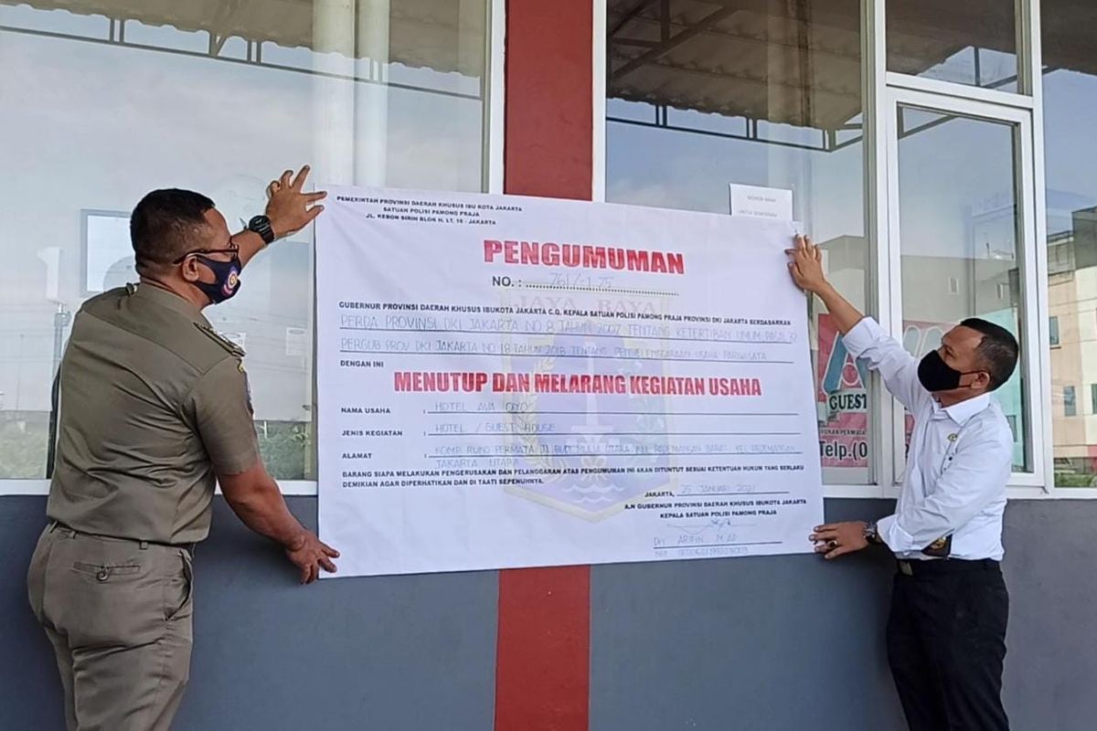 Pemerintah Provinsi DKI Jakarta telah menutup operasional penginapan AVA OYO yang berlokasi di Komplek Ruko Permata Ancol, Pademangan, Jakarta Utara pada Senin (25/1/2021).