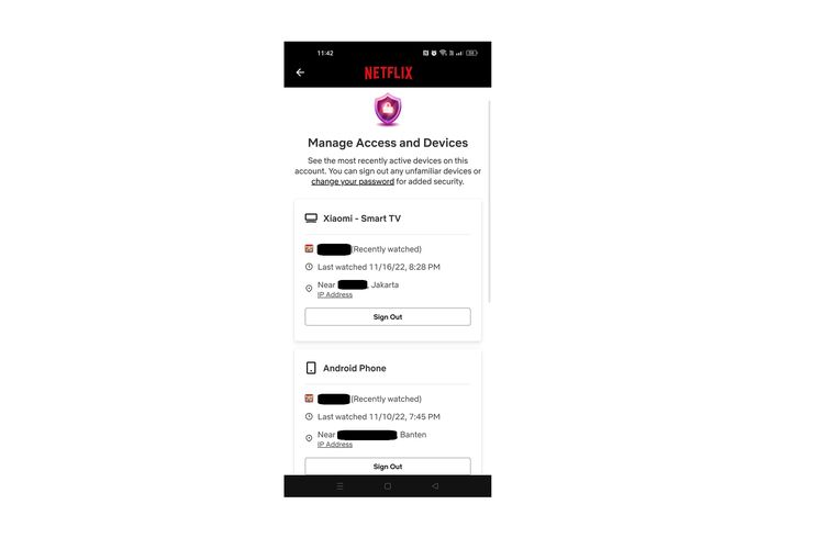 Fitur Manage access and devices di aplikasi Netflix