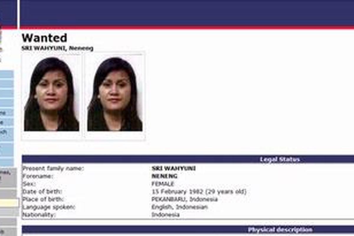 Data Neneng Sri Wahyuni, isteri Nazaruddin, di situs interpol.