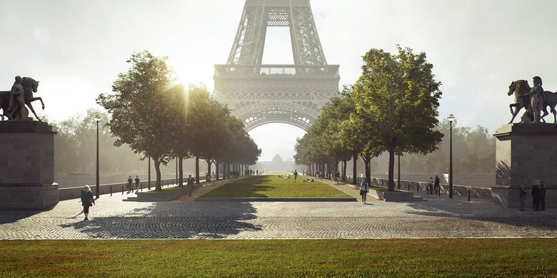Desain penambahan area hijau di sekitar Menara Eiffel, Paris, Perancis.