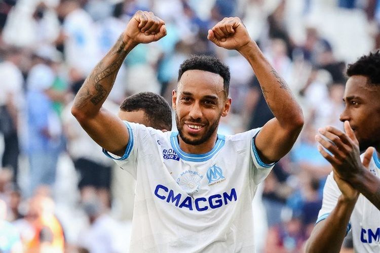 Ekspresi penyerang Marseille, Pierre-Emerick Aubameyang, saat melawan Le Havre pada laga lanjutan Liga Perancis di Stade Velodrome pada 8 Oktober 2023.