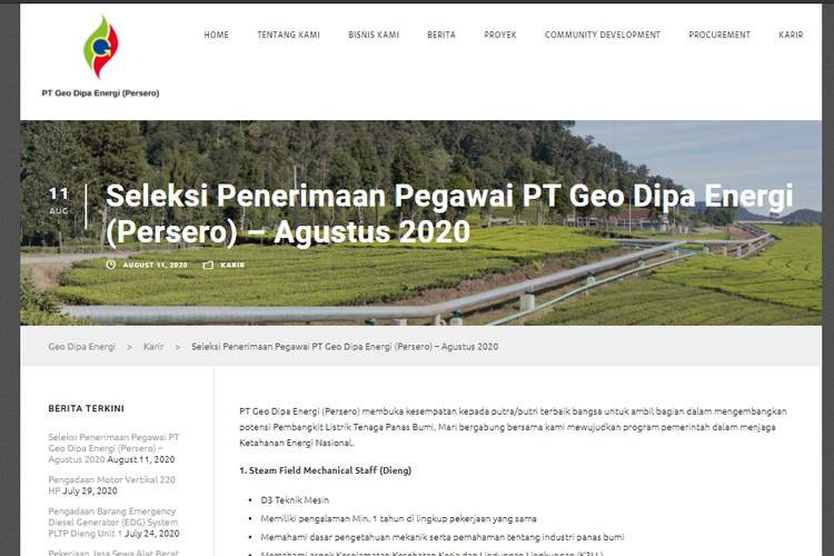 Tangkapan layar lowongan kerja dari PT Geo Dipa (Persero).