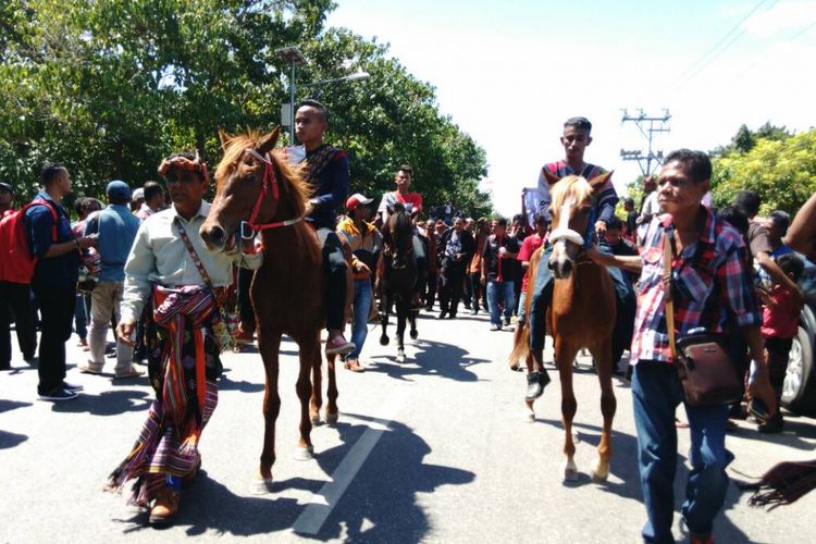  Bupati Timor Tengah Utara (TTU) Raymundus Sau Fernandez diarak oleh pasukan berkuda yang mengenakan pakaian adat dan ribuan pendukungnya, Kamis (4/5/2017).