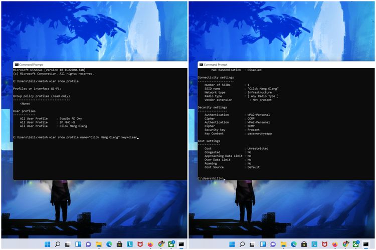 Cara melihat password WiFi di Windows 11 via Command Prompt.