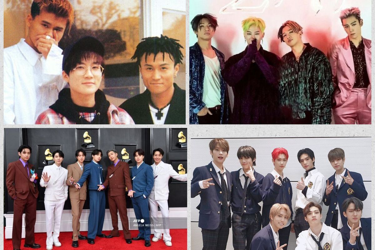 Idol Kpop generasi 1, 2, 3, 4 yang diwakili oleh Seo Taiji and Boys, BIGBANG, BTS, dan Stray Kids