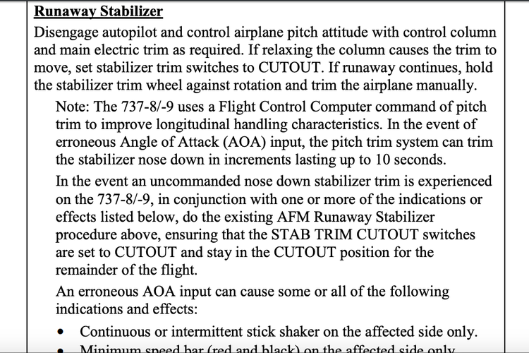 Rekomendasi FAA jika mengalami kondisi Runaway Stabilizer saat terbang dengan B737 MAX.