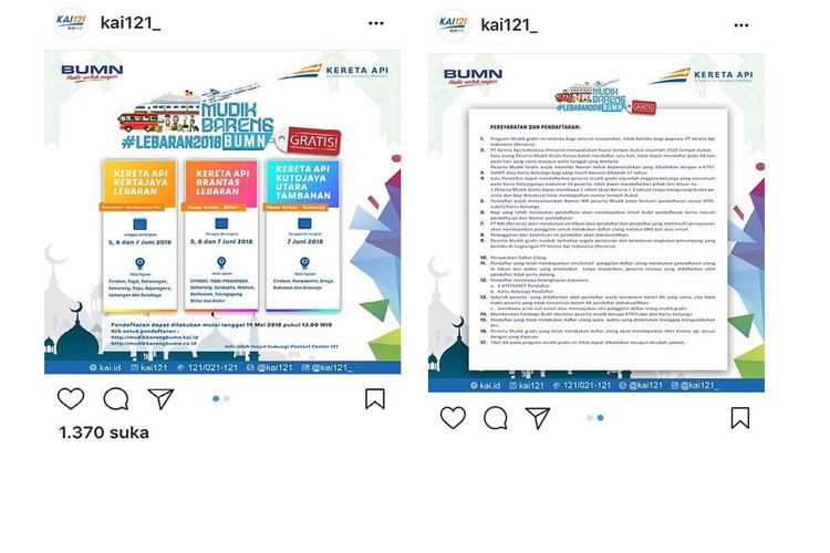 Akun Instagram @kai121_ menginformasikan bahwa PT.KAI menggelar program Mudik Gratis Bareng BUMN Lebaran 2018 beserta tata cara pendaftaran dan persyaratan.
