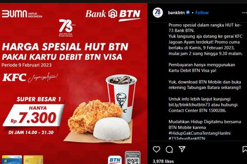 Beli Ayam Goreng KFC Cuma Rp 7.300 Pakai Promo BTN, Begini Caranya