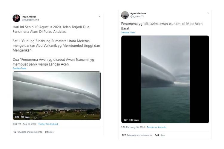 Tangkapan layar unggahan akun di media sosial Twitter yang membagikan video fenomena awan di Meulaboh yang disebut mirip tsunami.