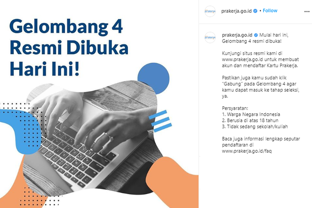 Pendaftaran gelombang 4 Kartu Prakerja telah dibuka.