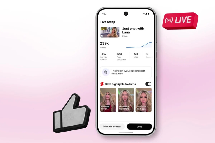 Contoh tampilan fitur AI-powered Clips di YouTube Live. Fitur ini bekerja dengan memanfaatkan teknologi kecerdasan buatan (AI) untuk memotong momen terbaik atau sorotan (highlight) dari siaran langsung streamer.