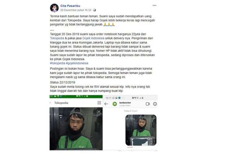 Tangkapan layar dari unggahan pemilik akun Facebook Cita Pasaribu soal pesanannya yang dibawa kabur oleh oknum driver ojek daring pada Jumat (20/12/2019).