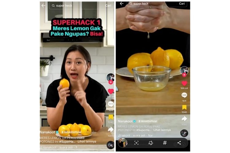 Kreator konten kuliner, Nanakoot, berbagi tip praktis peras lemon lewat konten superhacks di akun TikTok @Nanakoot. 