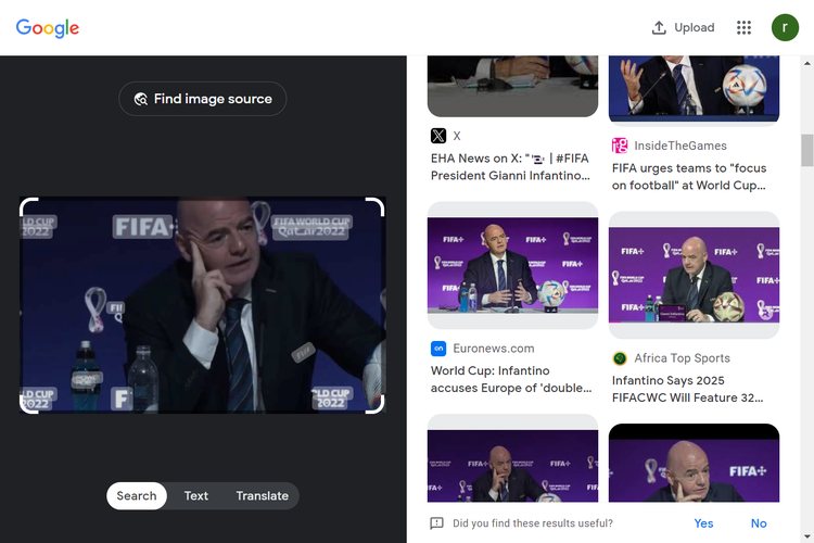 Tangkapan layar pencarian gambar di Google Lens, menampilkan Presiden FIFA Gianni Infantino di situs web Euro News.