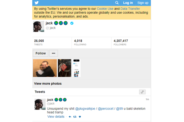 Tangkapan layar akun CEO Twitter Jack Dorsey saat mengalami peretasan tahun 2019 lalu.