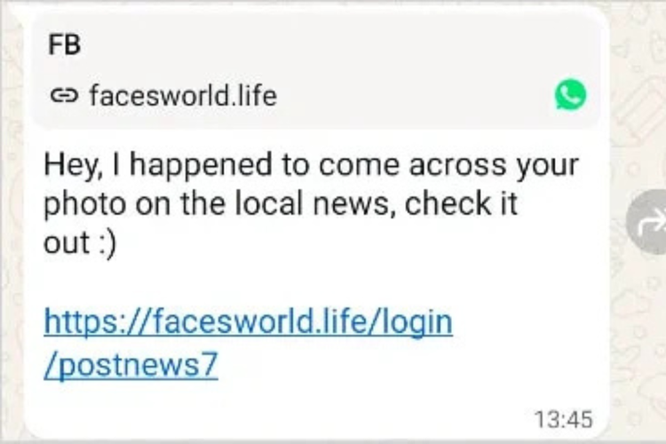 Contoh tampilan pesan jebakan yang dikirimkan oleh peretas di akun WhatsApp. 