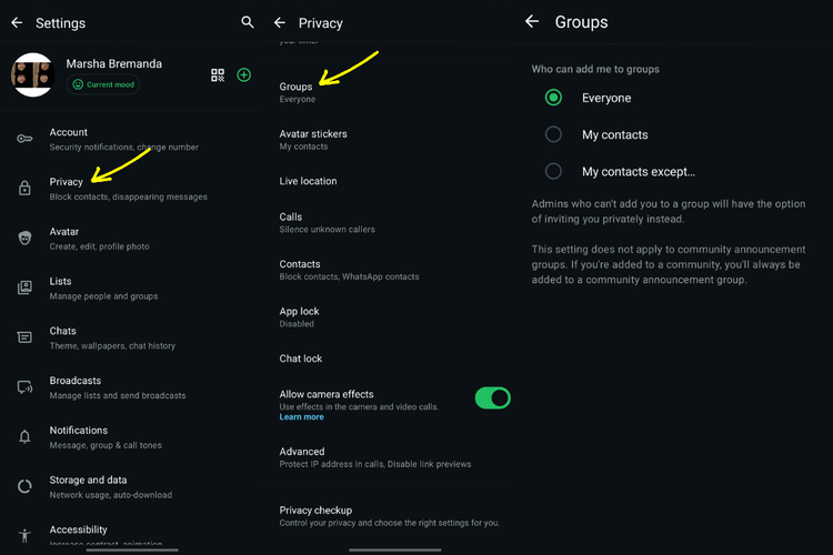 Pengaturan Groups di menu Privacy WhatsApp yang memungkinkan pengguna mengatur siapa saja yang dapat menambahkan mereka ke grup.