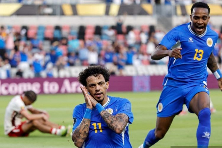Jeremy Antonisse merayakan gol dalam pertandingan Grup B Piala Emas CONCACAF 2025 Curacao vs Kanada di Stadion Shell Energy pada 21 Juni 2025 di Houston, Texas.Tim Warner/Getty Images/AFP (Photo by Tim Warner / GETTY IMAGES NORTH AMERICA / Getty Images via AFP)