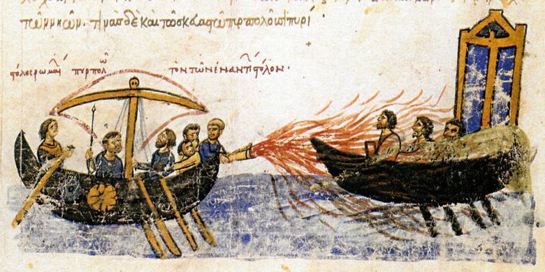 Penggambaran api Yunani yang digunakan di laut melawan Thomas the Slav, seorang jenderal Bizantium yang memimpin pemberontak pada abad ke-9. [Wikimedia Commons Via All Thats Interesting]