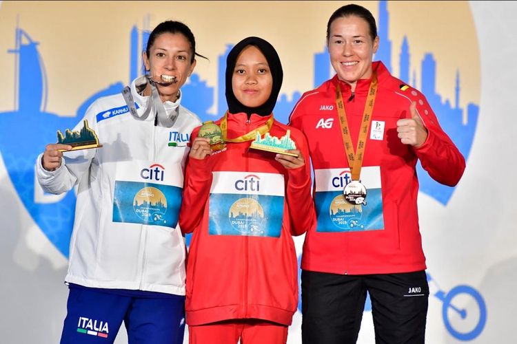 Karisma Evi Tiarani memecahkan rekor dunia dalam kejuaraan World Para Athletics Championships 2019, Dubai, Uni Emirat Arab pada Rabu (13/11/2019).