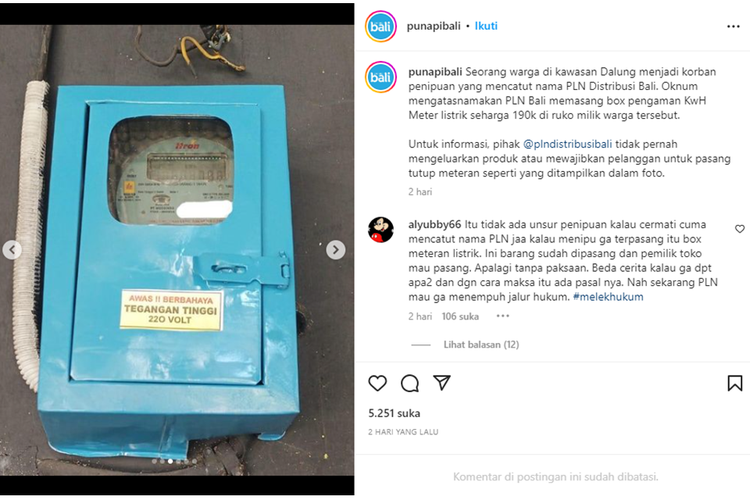 Tangkapan layar unggahan bernarasi oknum mengatasnamakan PLN Bali memasang kotak pengaman kWh meter listrik dengan tarif Rp 190.000.