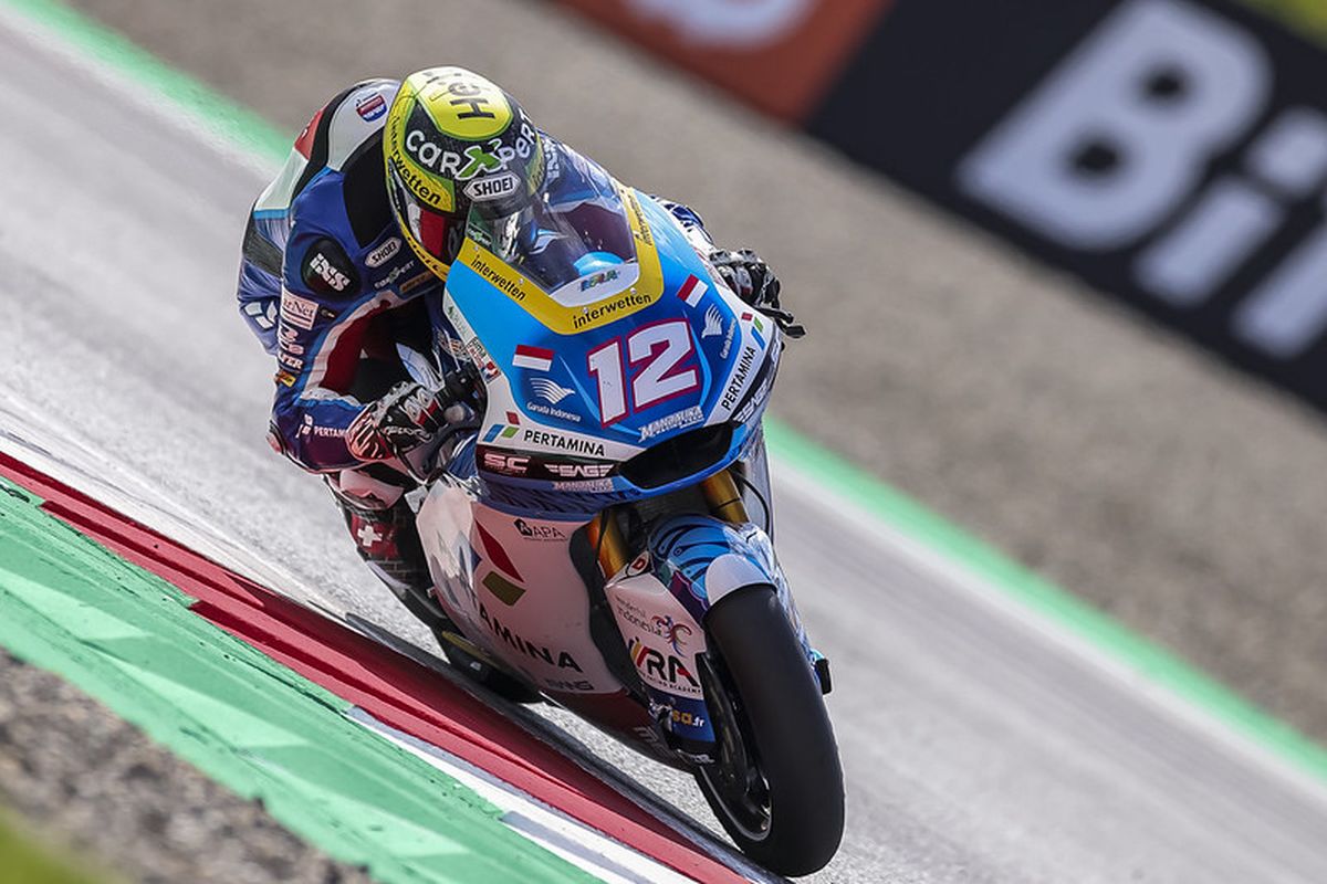 Pebalap Pertamina Mandalika SAG Team, Tom Luthi, saat berlaga pada Moto2 Austria 2021