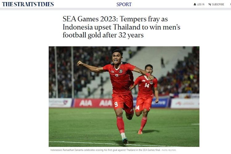 Media yang berbasis di Singapura, The Straits Times, ikut menyoroti keberhasilan timnas U22 Indonesia meraih medali emas SEA Games 2023. Dalam laga final sepak bola putra SEA Games 2023 Kamboja yang digelar di Olympic Stadium, Phnom Penh, pada Selasa (16/5/2023) malam WIB, Indonesia berhasil mengalahkan Thailand dengan skor 5-2. 