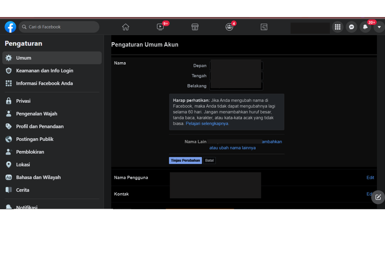 Cara mengubah nama di Facebook