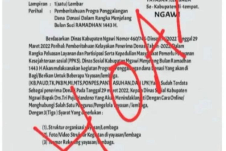 Surat edaran penggalangan dana di Bulan Ramadhan beredar di sekolah sekolah dan kantor pemerintah desa dan kecamatan di Kabupaten Ngawi. Kepala Dinas Sosial Kabupaten Ngawi memastikan jika surat edaran tersebut hoax.