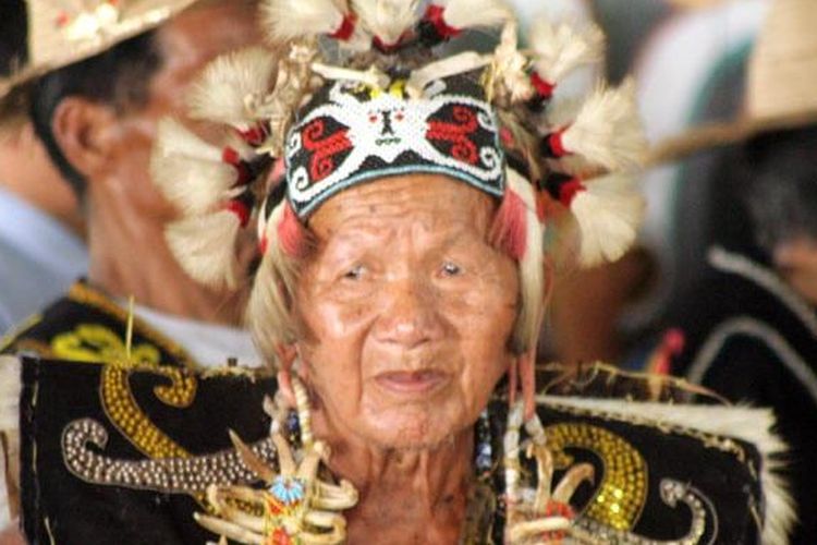Telingaan aruu atau tradisi memanjangkan daun telinga dilakukan wanita suku Dayak.