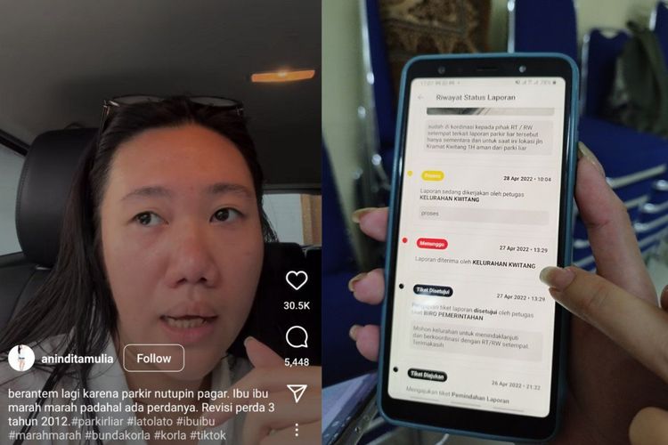 Warga Kwitang, Lala, keluhkan parkir liar di depan rumahnya akibat kedai bakmi yang sedang viral dan tangkapan layar laporannya ke aplikasi JaKi. (KOMPAS.com/XENA OLIVIA)
