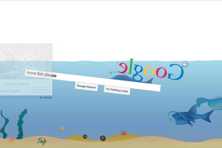 Easter egg Google dengan animasi halaman Google.com yang berisi air dan ikan.